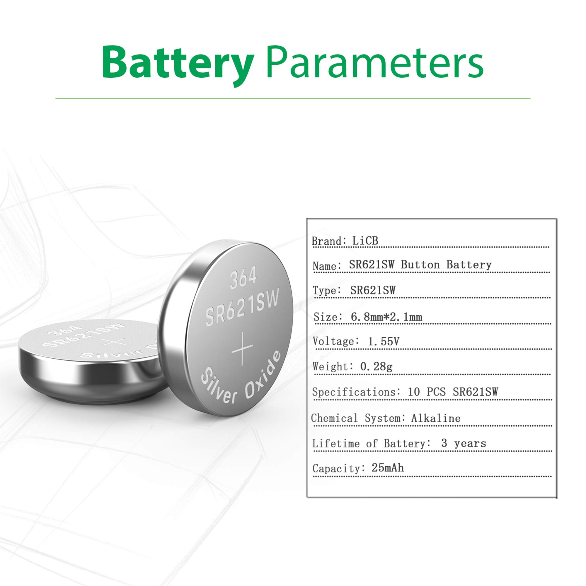LiCB 10 Pack SR621SW 364 Watch Battery,Long-Lasting & Leak-Proof,High Capacity Silver Oxide 1.55V Button Cell Batteries for Watch