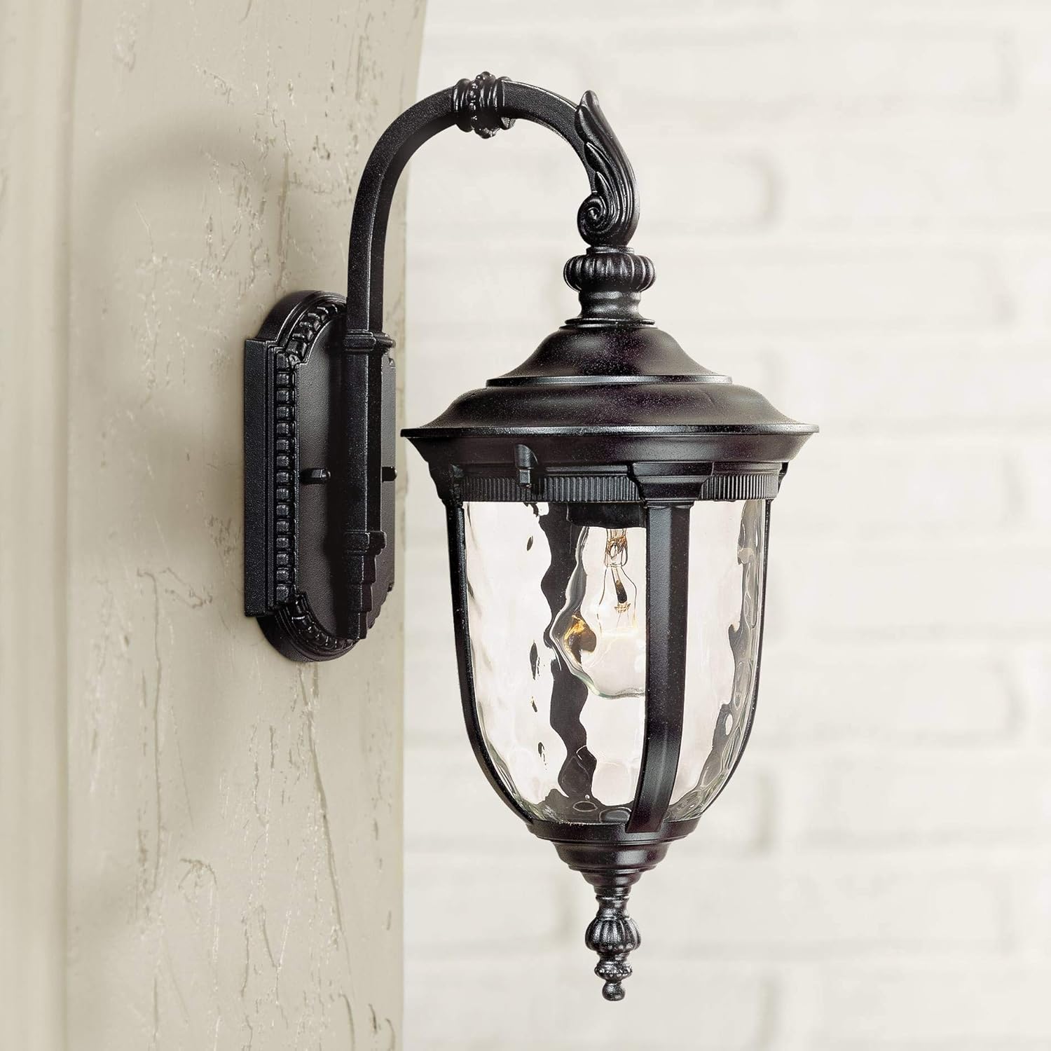 Bellagio Traditional Outdoor Wall Light Fixture Black 16.5" Hammered Glass for Exterior Porch Patio