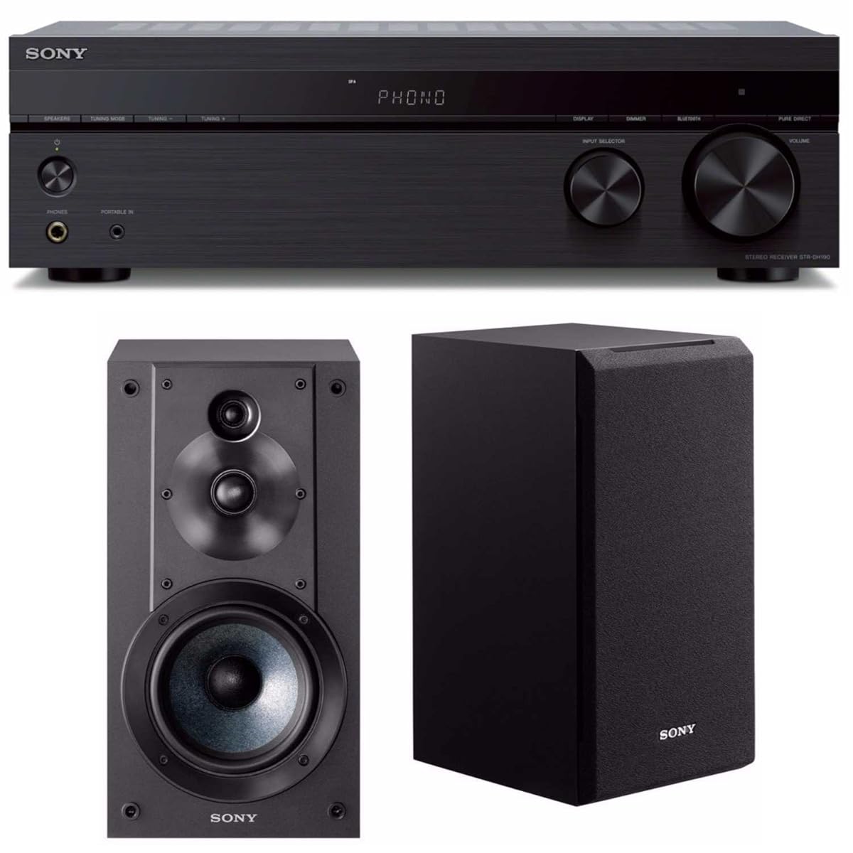 Sony STRDH190 2-ch Stereo Receiver with Phono Inputs & Bluetooth with Sony SSCS5 3-Way 3-Driver Bookshelf Speaker System (Black)