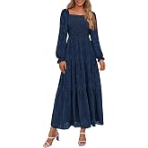 Maggeer Women's Fall Floral Midi Dress - Smocked Waist, Long Sleeve, Boho A-Line With Pockets