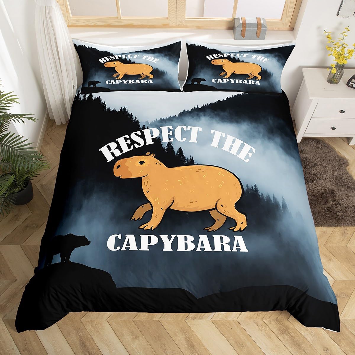 Capybara Bedding Set Double for Kids Children Youth Bedroom, Funny Rodent Animal Duvet Cover Smoky Mountain Comforter Cover Cartoon Boys Girls Kawaii Decor Quilt Cover with 2 Pillowcases, Corner Ties