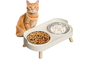 HIAIEVIY Elevated Cat Bowl, Raised Cat Food and Water Bowl Set for Indoor Cats, Splash Proof with 2 Stainless Steel Pet Food Bowls for Cats and Puppies, Whisker Fatigue and Dishwasher Safe - White
