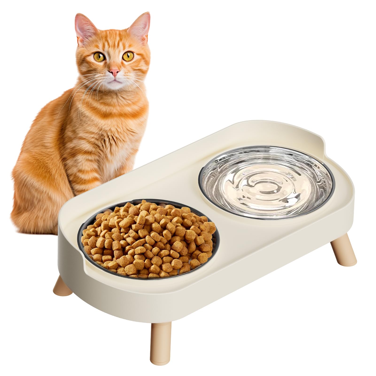 Photo 1 of Elevated Cat Bowl, Raised Cat Food and Water Bowl Set for Indoor Cats, Splash Proof with 2 Stainless Steel Pet Food Bowls for Cats and Puppies, Whisker Fatigue and Dishwasher Safe - White