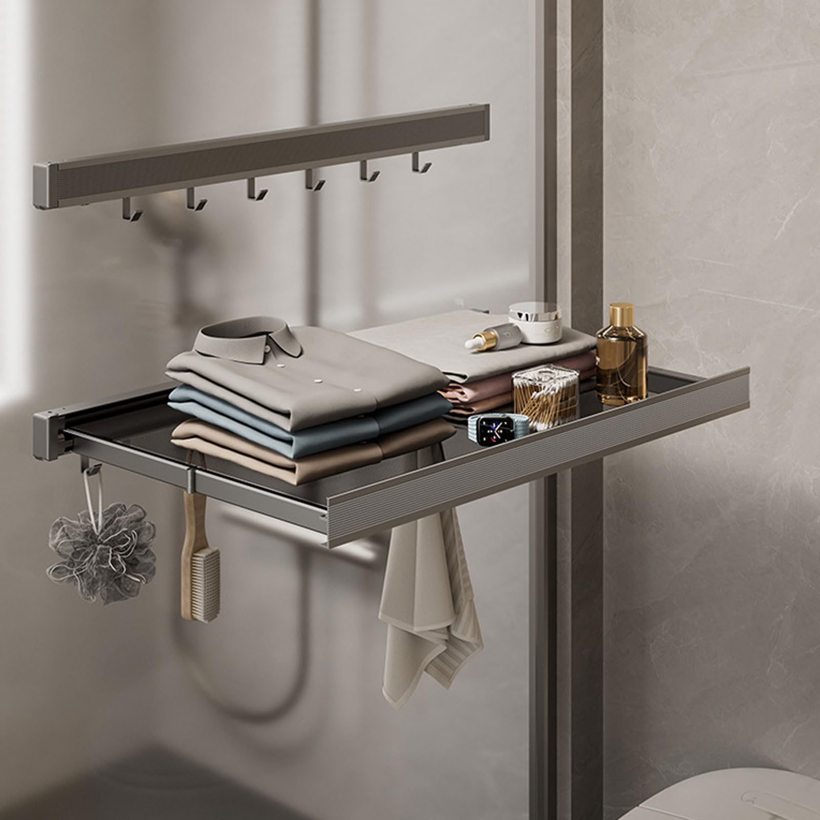 BlyeMichdi Wall Mounted Drying Rack with Net,Collapsible Laundry Drying Rack for Shoes,Retractable Towel Holder Bathroom Towel Rack,Clothes Hanger Rack with Hooks