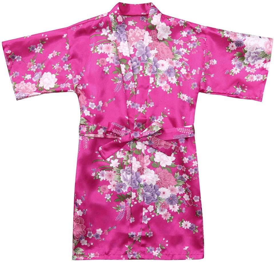 Lanhui Toddler Baby Kid Girls Floral Silk Satin Kimono Robes Cherry Blossoms Bathrobe Home Casual Sleepwear