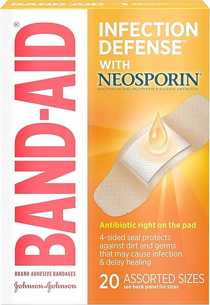 BAND-AID BRAND ADHESIVE BANDAGES INFECTION DEFENSE WITH NEOSPORIN ANTIBIOTIC OINTMENT, PACK OF ASSORTED SIZES, FOR WOUND CARE AND FIRST AID, 20 CT