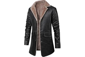 Cambkatl Men's Stylish Faux Fleece Lined PU Blazers Mid-Long Lapel Leather Suit Jacket Winter Business Casual Sports Coat