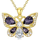 BETHZA Amethyst Butterlfy Necklace Yellow Gold Plated Sterling Silver Crystal Pendant Necklaces for Women Christmas Anniversary Birthday Gift for Wife Girlfriend Student