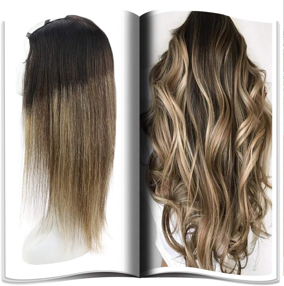 JoYoung Remy Balayage U Part Wigs for Women 100% Real Straight Human Hair Natural Black to Dark Brown with Caramel Blonde Half Wig Ombre Human Hair with Clips 12inch 100g