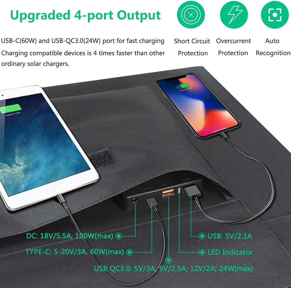 TWELSEAVAN 100W Portable Foldable Solar Panel Charger for Jackery Explorer 160/240/500 Power Station/Suaoki/Goal Zero Yeti/Rockpals/Kyng Power Solar Generator, with USB QC3.0 Port, USB Type C Port: Home Audio & Theater