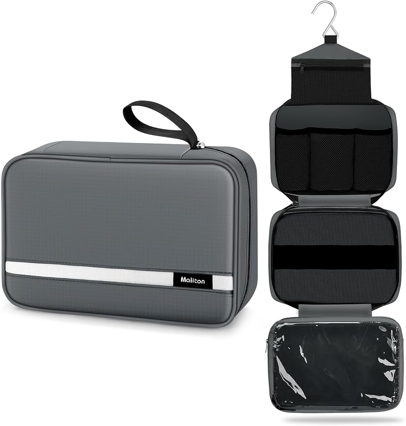 Maliton Hanging Toiletry Bag Large Waterproof Foldable Travel Grey
