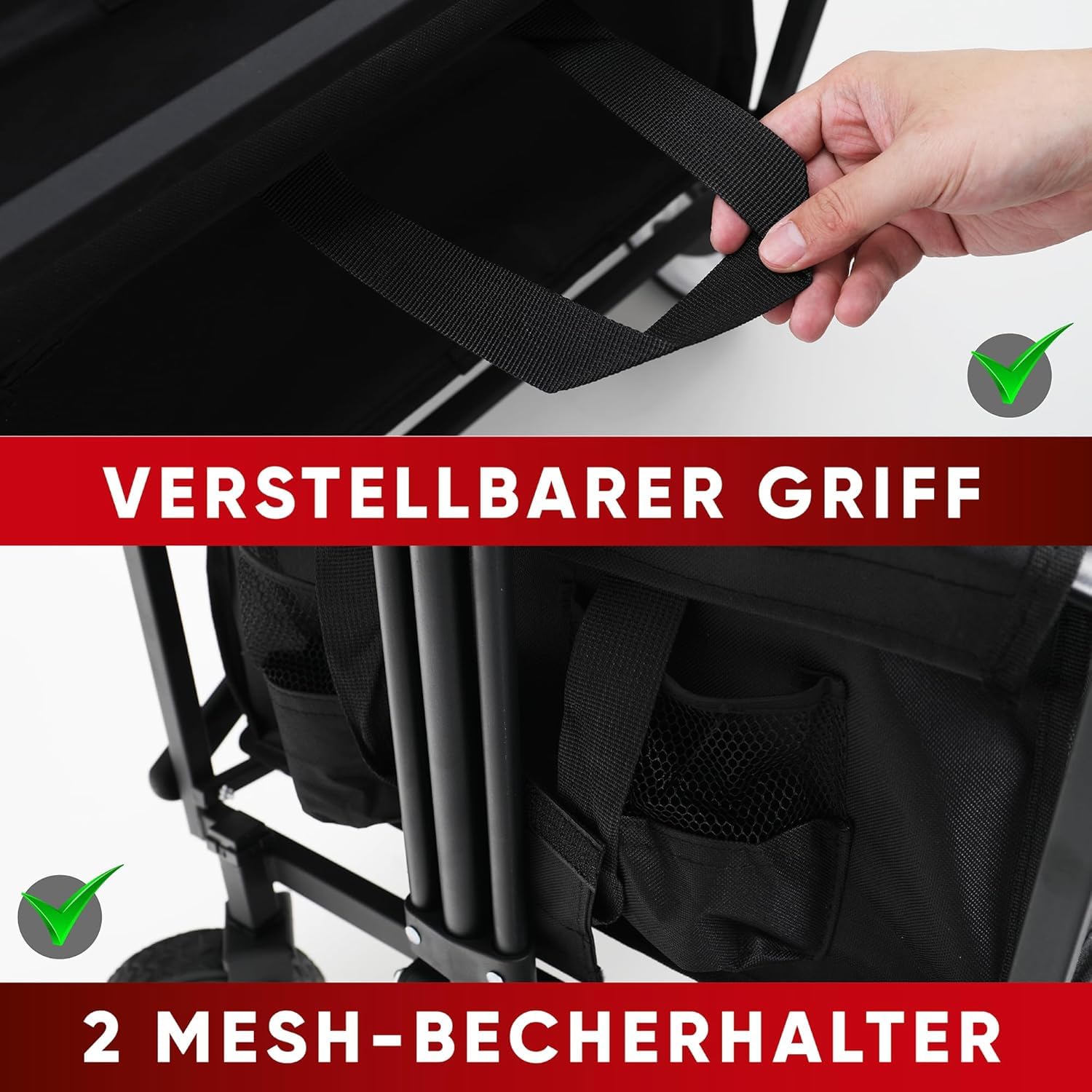 Klappbarer zusammenklappbarer Bollerwagen, Strandkarren mit großer Kapazität, Stabiler klappbarer Bollerwagen tragbar, zusammenklappbarer Wagen für Sport, Einkauf, Camping 3