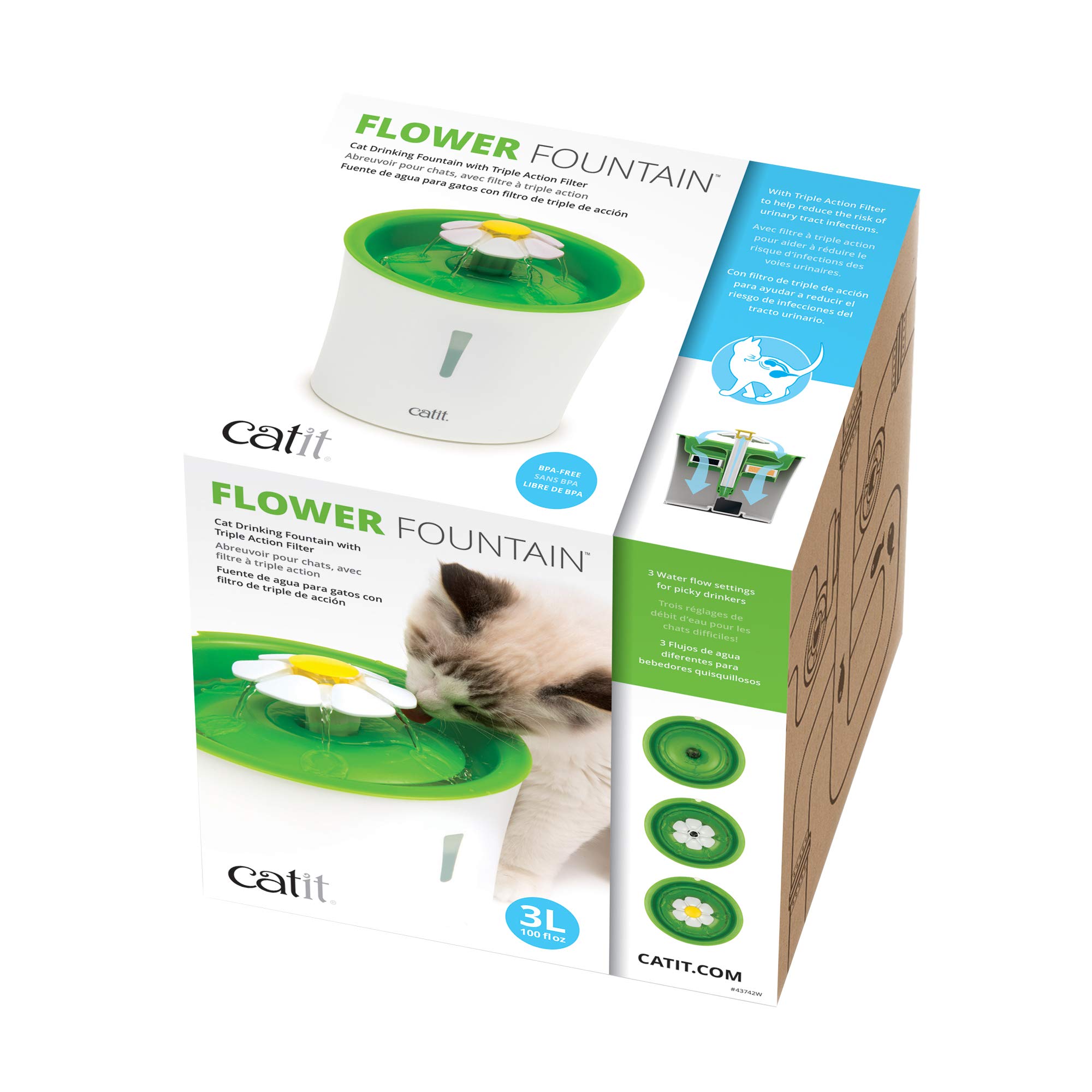 Catit Flower Fountain: 3L Cat Water Fountain with Triple-Action Filter