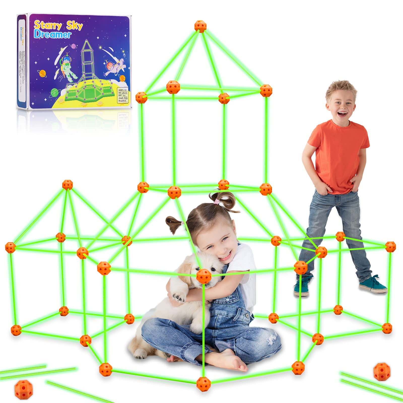 Photo 1 of Getatoy Fort Building Kit for Kids - 100 Pcs Glow in The Dark Creative STEM Building Toys, Fun Fort Indoor Outdoor Toys Gift for Boys & Girls Age 5 6 7 8 9 10 Year Old