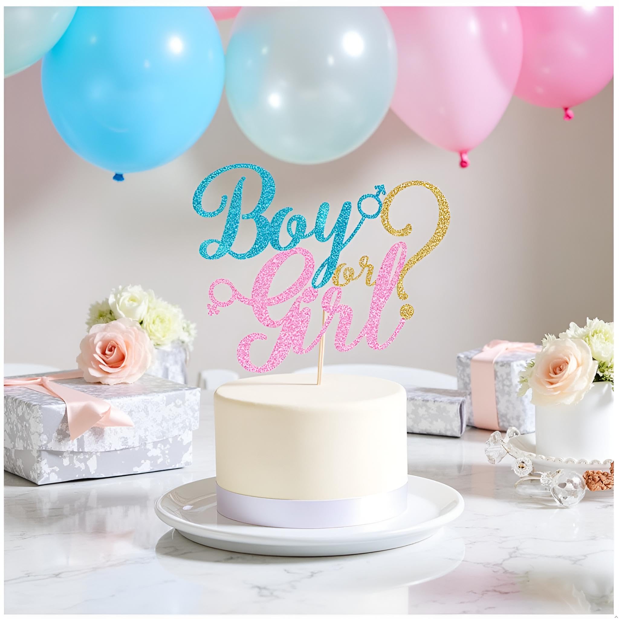 Photo 1 of boy or girl cake topper - gold glitter baby shower, gender reveal, welcome newborn party decoration (Blue And Pink)