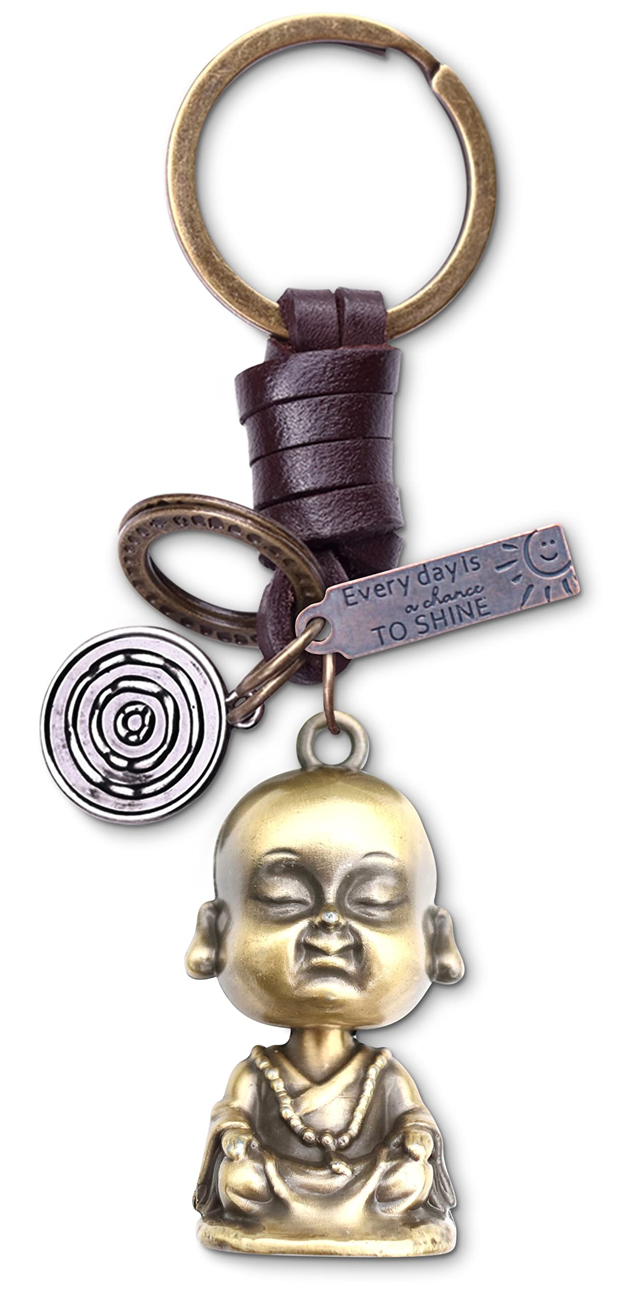 AuPra Buddha Statue KeyChain Gift Women & Men Leather KeyRing Home Car Keys Holder Ladies Guardian Present, Brown, Medium