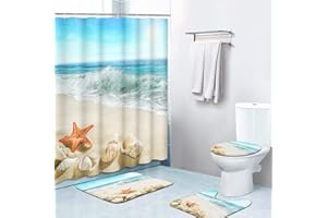 Britimes 4 Piece Shower Curtain Sets, with 12 Hooks, Ocean Summer Sea Starfish Seashell with Non-Slip Rugs, Toilet Lid Cover and Bath Mat for Bathroom Decor Set, 72" x 72"