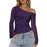 Aupuls Sparkly Tops for Women Bell Sleeve Off Shoulder Top Sequin Concert Outfits