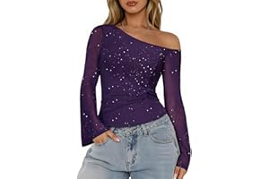 Aupuls Sparkly Tops for Women Bell Sleeve Off Shoulder Top Sequin Concert Outfits