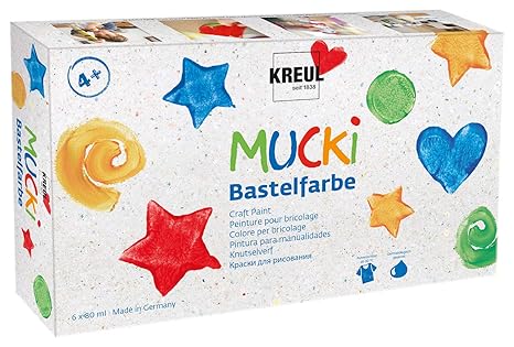 Kreul 24160 - Mucki brillante Bastelfarbe auf Wasserbasis, parabenfrei, glutenfrei, laktosefrei, vegan, auswaschbar, mit Pinsel vermalbar, 6 x 80 ml in weiß, gelb, rot, blau, grün und schwarz