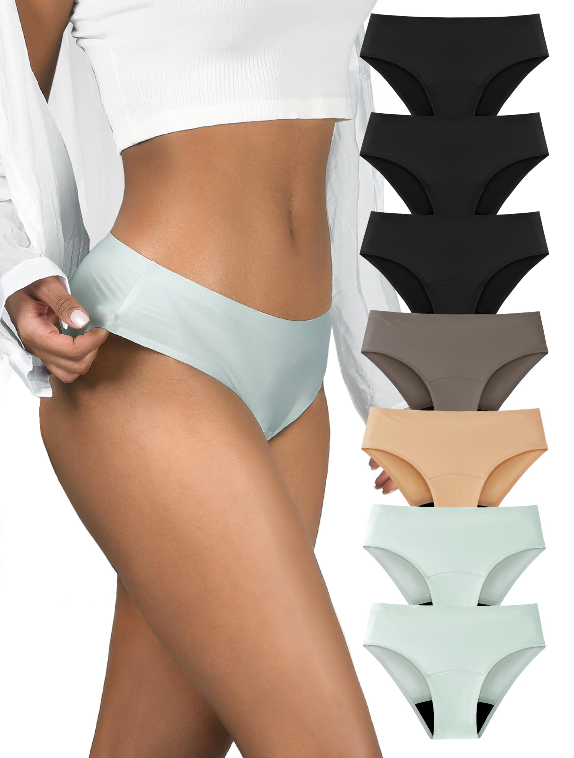 Photo 1 of TIICHOO Period Underwear for Women Heavy Flow Seamless Period Bikini Panties Leakproof Underwear 7-Pack(Medium,3 Black/2 Smoke Green/1 Brown/1 Beige)