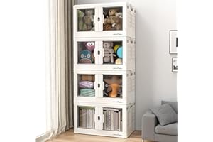 BROVIEW V7 4 Pack Stackable Storage Bins, 416QT 104 Gal Closet Organizers and Storage with Doors, Plastic Collapsible Storage Bins with Lids and wheels, Folding Storage Box for Home Dorm, Cream White