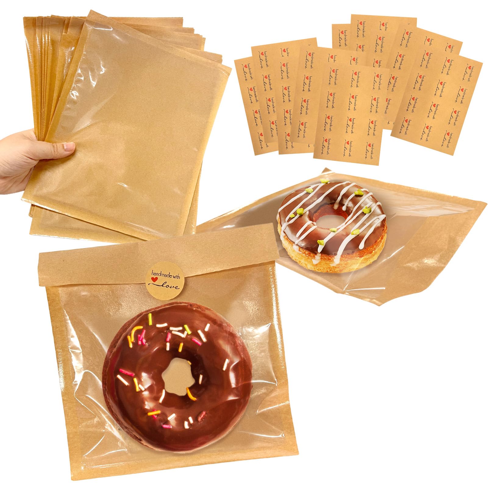 Photo 1 of 100 Pcs Heat Sealable Bakery Bags with Window, 8.3 x 9.8 Inch Grease Resistant Kraft Cookie Packaging Pastry Bags with 120 Pcs Paper Stickers for Packaging Donut Bread Goods Sandwich Bakery Treat