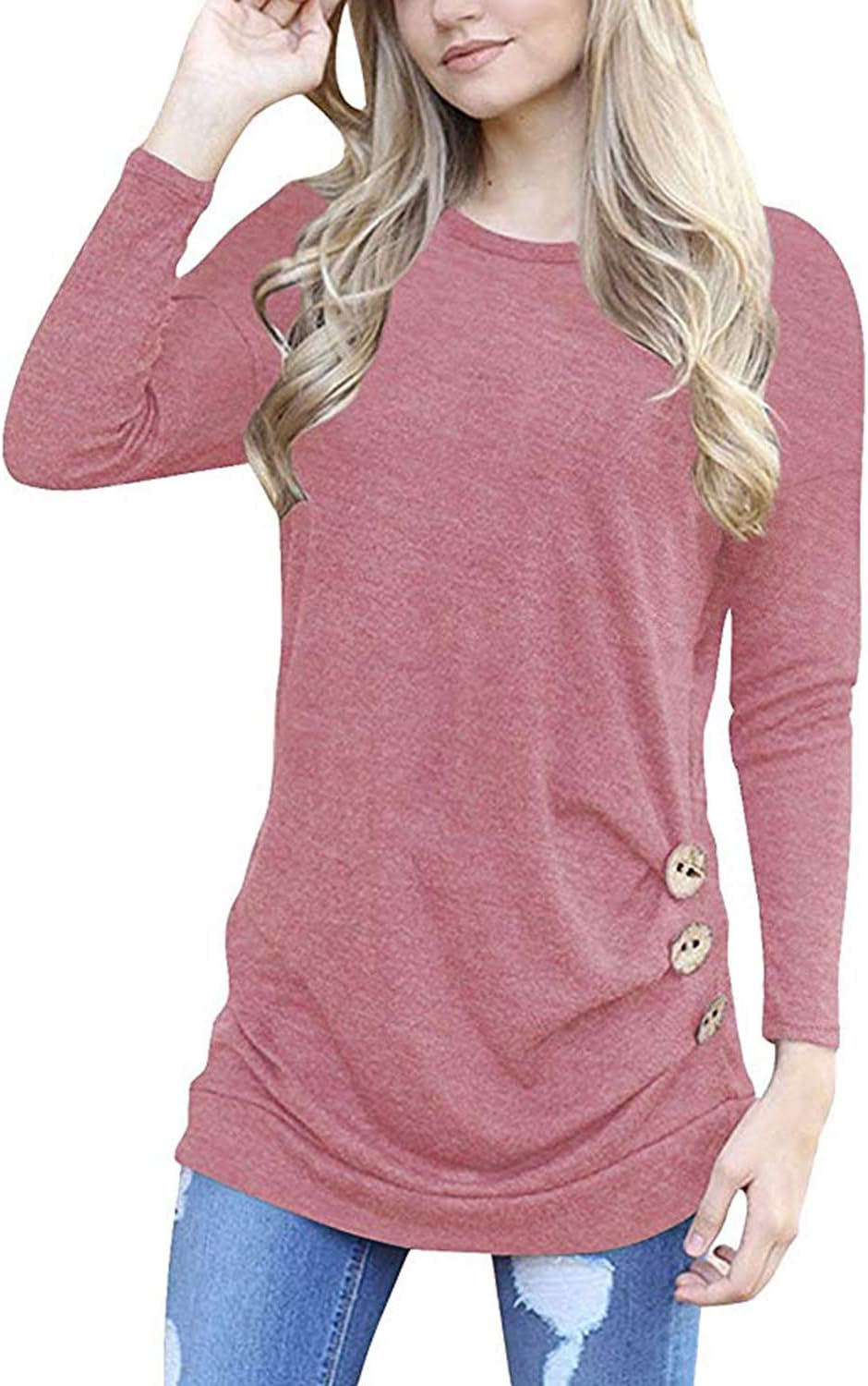 Women's Casual Long Sleeve Round Neck Loose Tunic T Shirt Blouse Tops