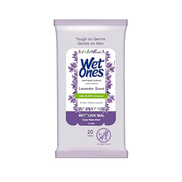 WET ONES ANTIBACTERIAL HAND WIPES, LAVENDER SCENT WIPES | TRAVEL WIPES CASE, ANTIBACTERIAL WIPES | 20 CT. TRAVEL SIZE WIPES (PACK OF 1)