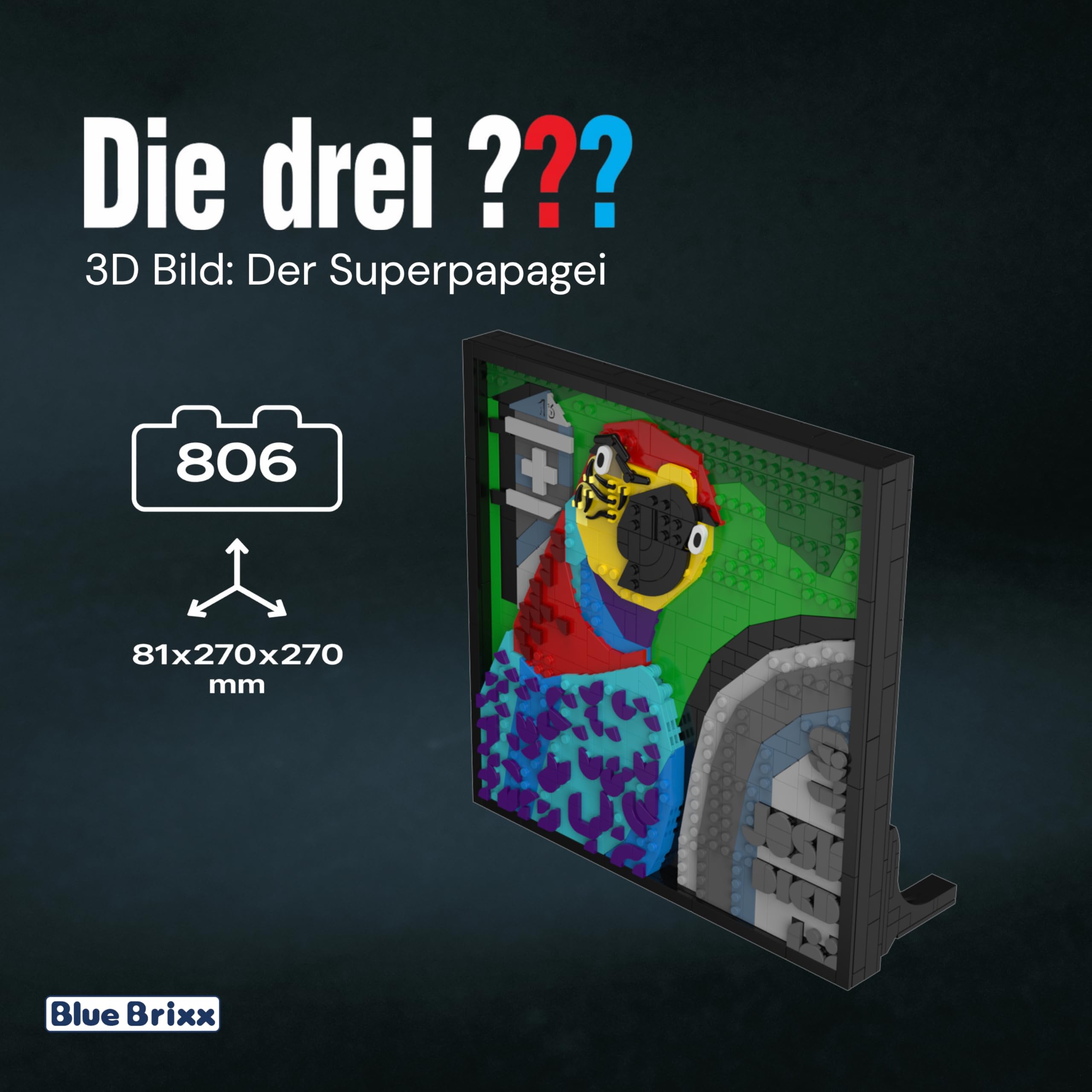 BlueBrixx Pro 108500 – Die DREI ???: 3D Bild: Der Superpapagei aus Klemmbausteinen mit 806 Bauelementen 2