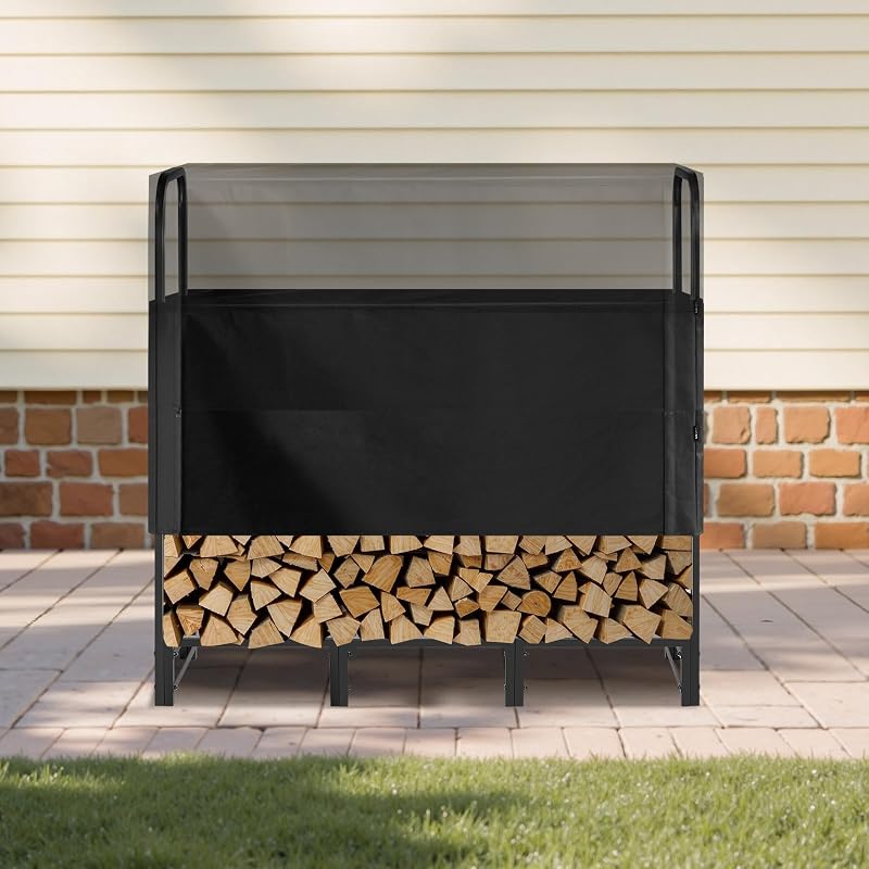 Portalegna con Copertura Impermeabile, Portalegna in Metallo per Esterni, 1220 x 320 x 1180 mm, Carico Massimo 181,4 kg, Copertura Parziale, Verniciato a Polvere, per Patio, Veranda