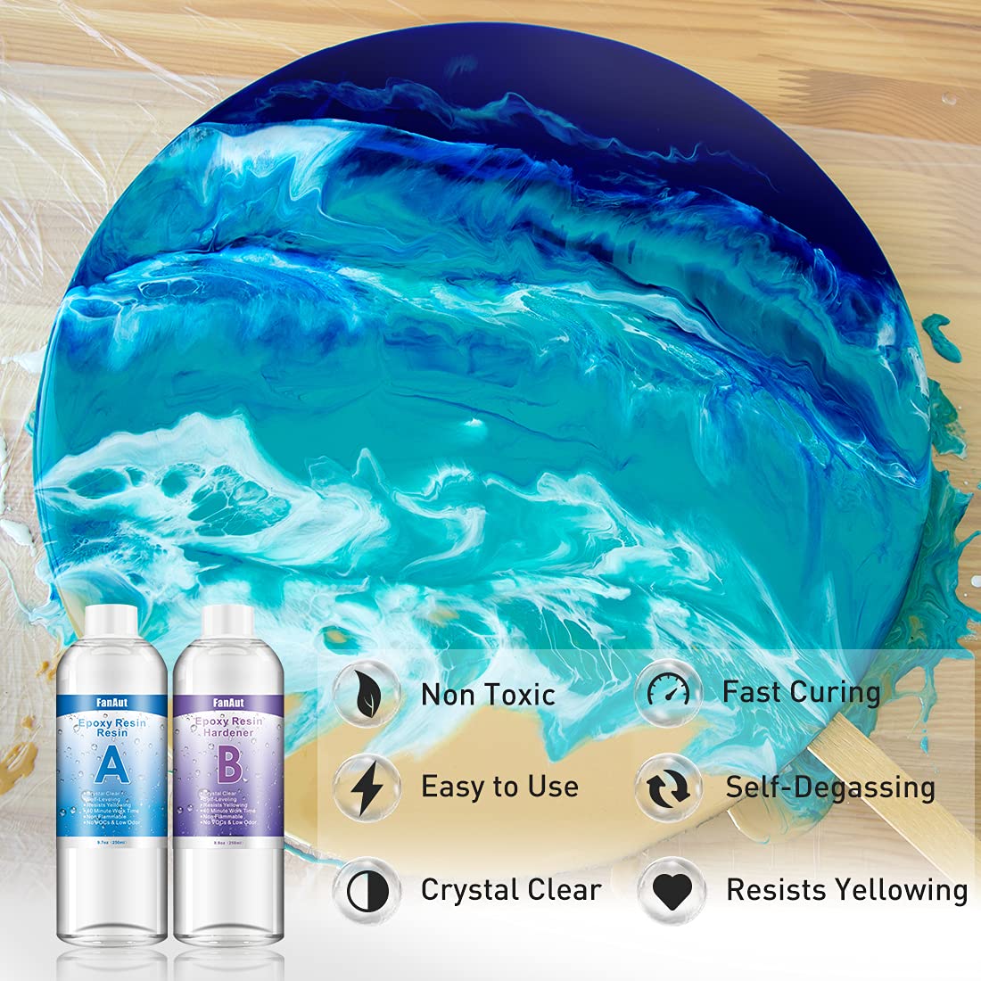FanAut 18.5 Ounce Epoxy Resin Crystal Clear for Art, Crafts, Tumblers, Casting and Jewelry Making with 2 Droppers, 2 Sticks,2 Pair Gloves and 1 Pack of Resin Glitter: Industrial & Scientific