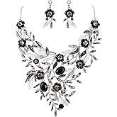 BriLove Wedding Bridal Leaf Cluster Jewelry Set for Women Crystal Flower Enamel Statement Necklace Dangle Earrings