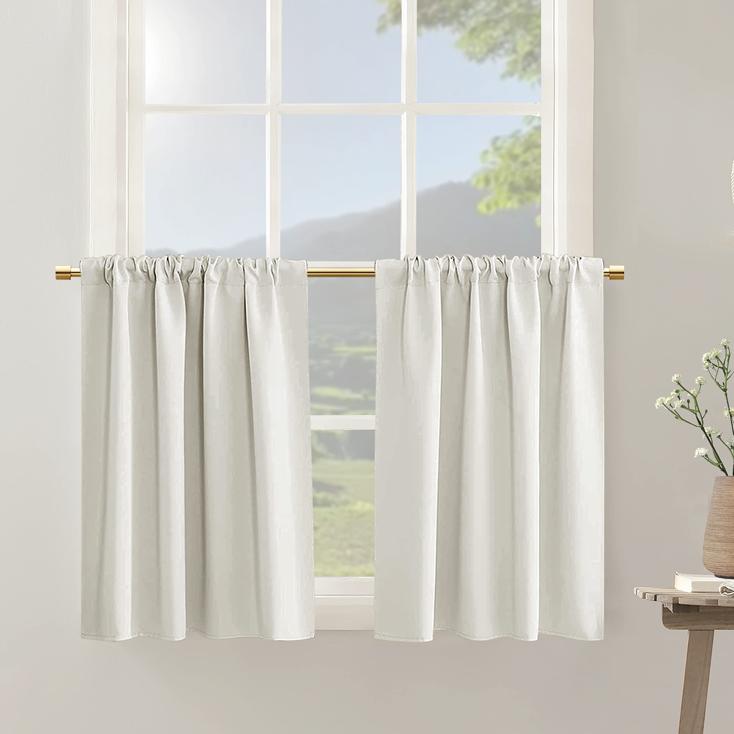 Photo 1 of Window Curtains 24 Inches Long Ivory Cream Short Sun Blocking for Kitchen Laundry Room Cabinet,Thermal Insulated Blackout Rod Pocket Small Cafe Curtain for Bathroom RV Camper Travel Trailers,2 Pack