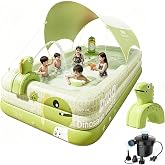 Inflatable Swimming Pool with Canopy &amp; Air Pump &amp; Inflatable Water Spray Gun, 118" Swimming Pool for Adults, Large Blow Up Pool Ideal for Family Backyard Garden Party, Outdoor Summer Fun