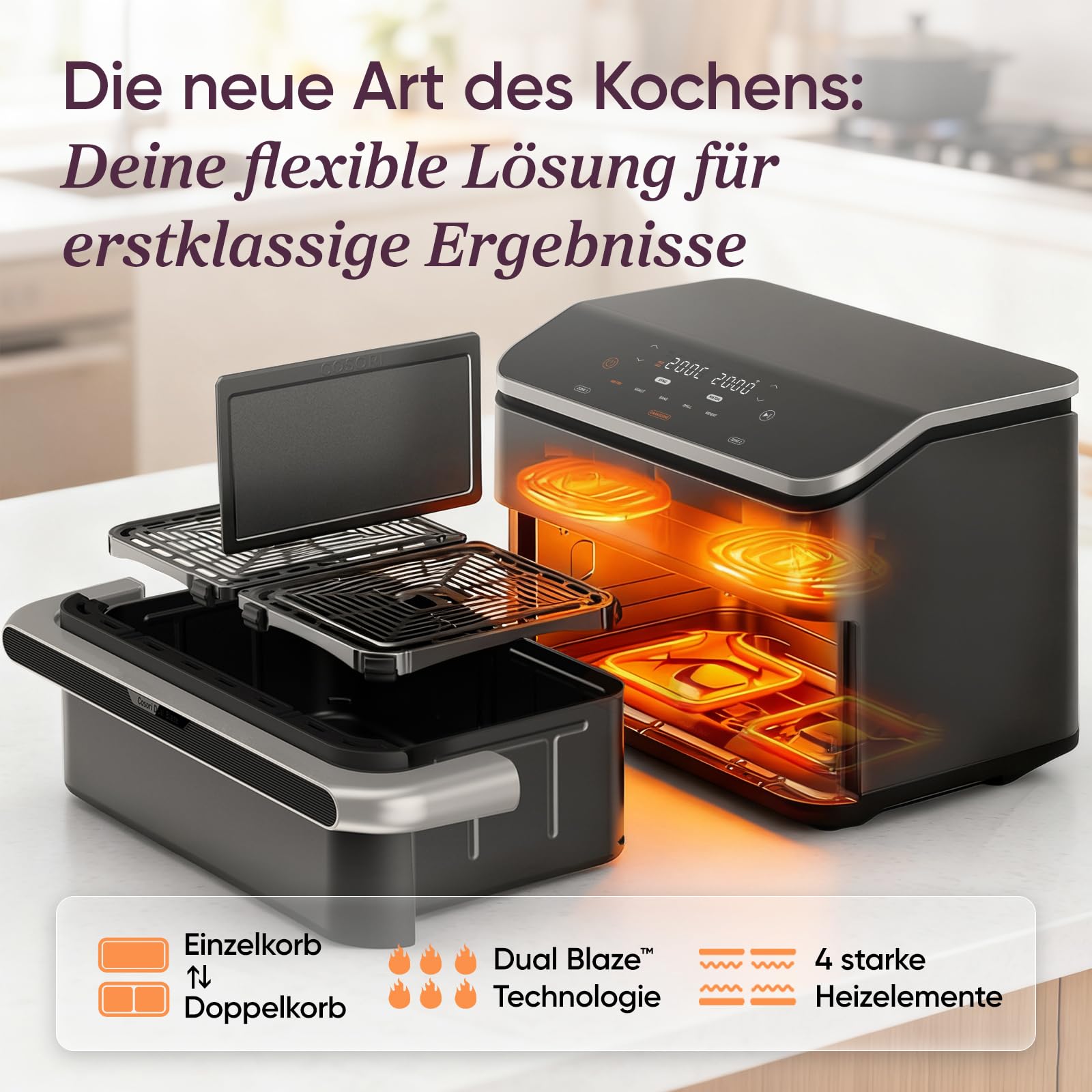 COSORI Heißluftfritteuse 2 Kammern, Dual Blaze TwinFry 10L Airfryer, mit 4 Heizrohren und flexiblen Kammern, gleichmäßige Hitzeverteilung, Temperatur bis 240 Grad C, Schwarz, TF102S 2