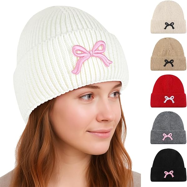 Pearl Bow Beanie for Women Fashion Cuffed Plain Skull Hat  display picture 3