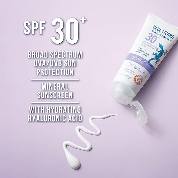 BLUE LIZARD SENSITIVE FACE MINERAL SUNSCREEN WITH ZINC OXIDE AND HYDRATING HYALURONIC ACID, SPF 30+, WATER RESISTANT, UVA/UVB PROTECTION WITH SMART CAP TECHNOLOGY – FRAGRANCE FREE, 1.7 OZ.