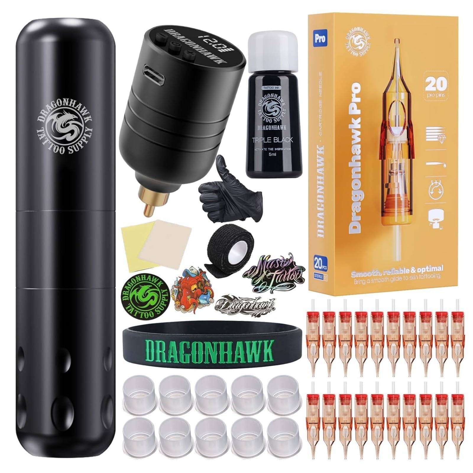 Dragonhawk-Kit de tatuaje S9, máquina de tatuaje, Kit completo de tatuaje para principiantes, Motor Sin Núcleo, 20 piezas, cartuchos profesionales, agujas