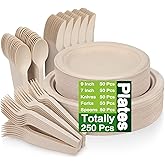 Besteek 250 Piece Compostable Paper Plates Set with Extra Long Utensils, Sugarcane Fibers Disposable Dinnerware Set, Biodegradable Plates, Spoons, Forks and Knives for Party, Camping, Picnic