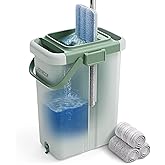 JOYMOOP Flat Mop System, Microfiber Mop and Bucket Set, Green, Commercial &amp; Household Floor Cleaning Mop with Long Handle, Includes 3 Reusable 15" Pads