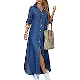 GORIFE Lady's Button Up Lapel Long Sleeve Dress Split Lightweight Blouse Dress Pocket Sexy Maxi Dress