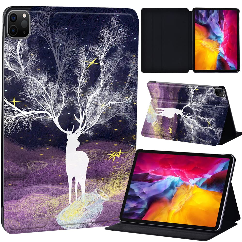 PU Leather + hard shell Ultra slim lightweight Folio Flip Tablet Stand Smart Cover Case Fit iPad Air 4 10.9" (2020) / iPad Pro 11" (2018 2020 2021) (fantasy single white deer)