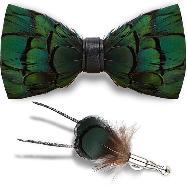 RBOCOTT Handmade Feather Pre-tied Bow tie and Brooch Sets for Men