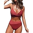 CUPSHE Women's Bikini Sets Two Piece Swimsuit High Waisted V Neck Twist Front Adjustable Spaghetti Straps Bathing Suit