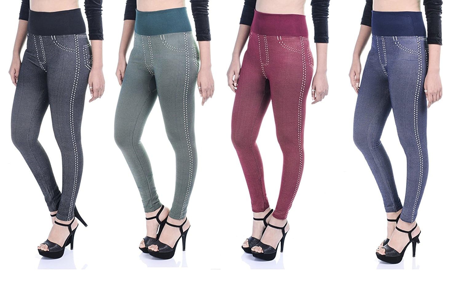 timbre women's denim printed high waist jeggings combo pack of 4