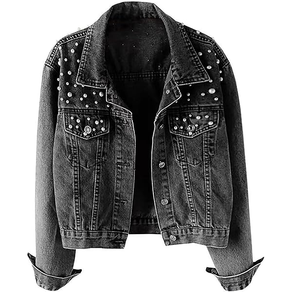 Amazon.com: Autumn Fashion Women Denim Jacket Loose Button Pearls