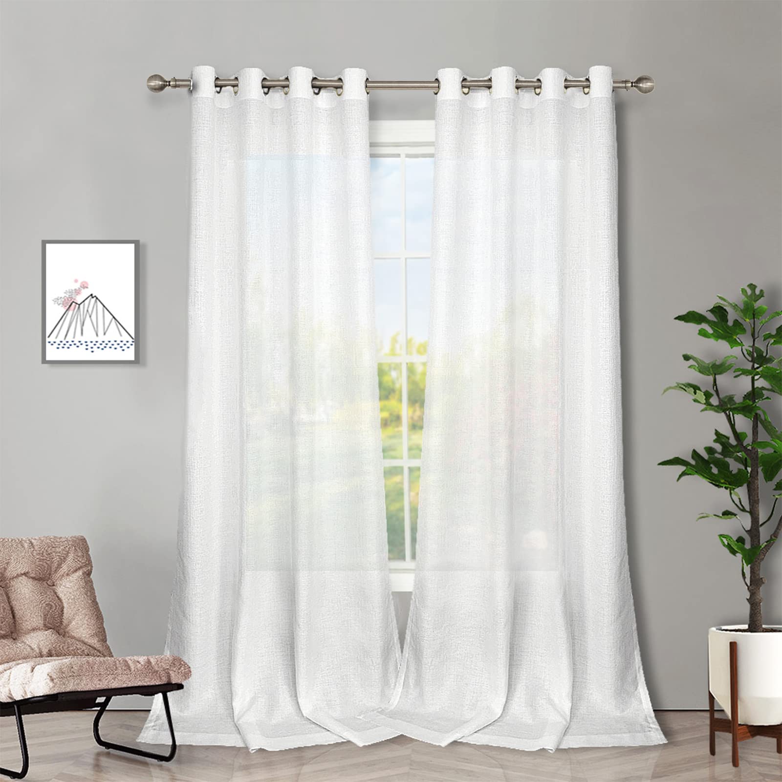 Melodieux White Semi Sheer Curtains 63 Inch Length for Small Windows Living Room Bedroom Linen Look Rustic Grommet Voile Drapes, 42 x 63 Inch (2 Panels)
