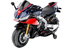 BKIRNP 24V Kids Motorcycle, Aprilia Licensed Electric Motorcycle for Kids, Top Speed to 10MPH with Long Battery Life, Thread Wheels, Training Wheels, Large Seat-Blue