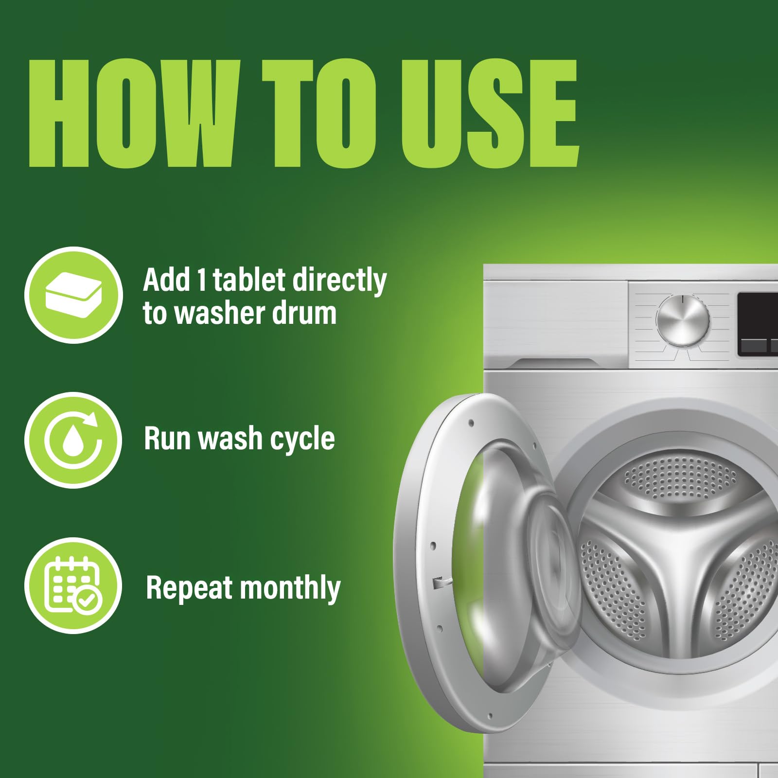Green Gobbler Washing Machine Cleaner Tablets with Pipe Clean Technology Deodorizer | Front & Top Load Washer | 28 Count